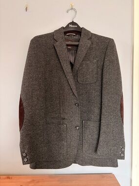 Black Brown 1826 Gray Herringbone Blazer with Brown Elbow Patches